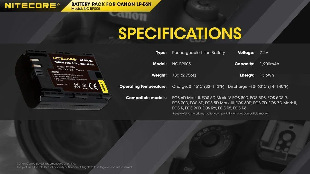 LP-E6N (1900mAh) Battery Pack for Canon (NC-BP005) - Image 7