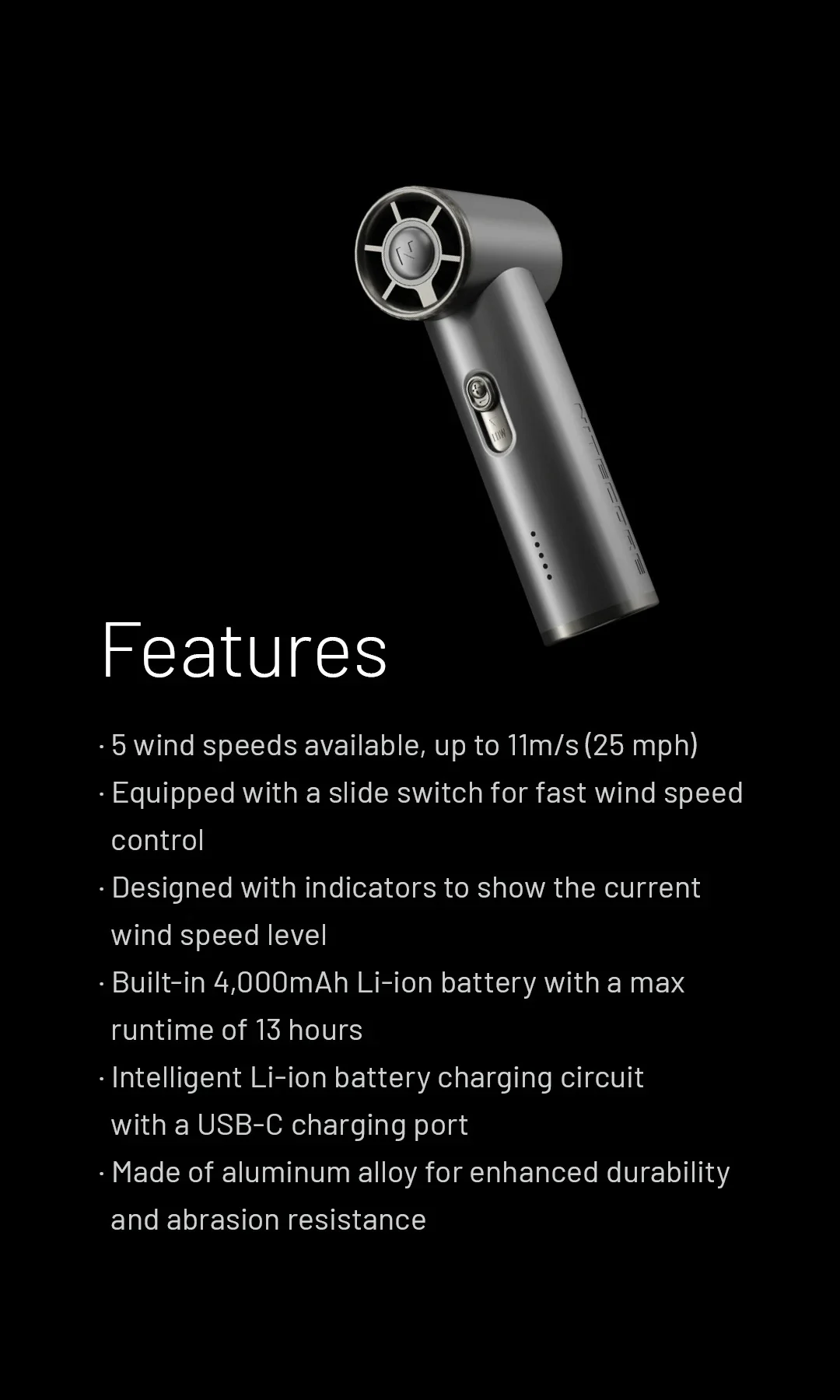 NEF01 (Black) - Mini High-Speed Handheld Fan (4,000mAh) - Image 17